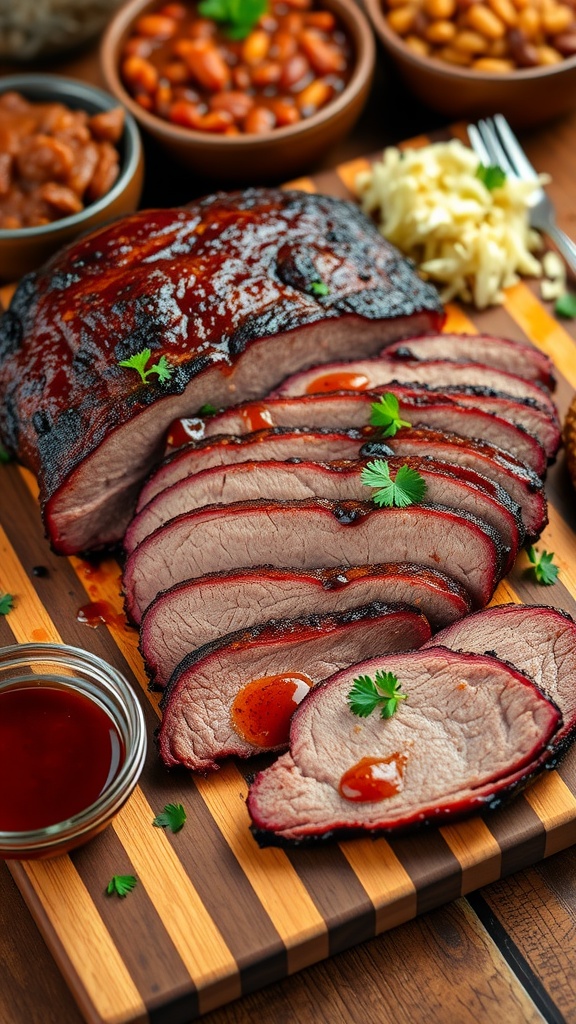 Sliced beef brisket on a wooden board with BBQ sauce and side dishes.